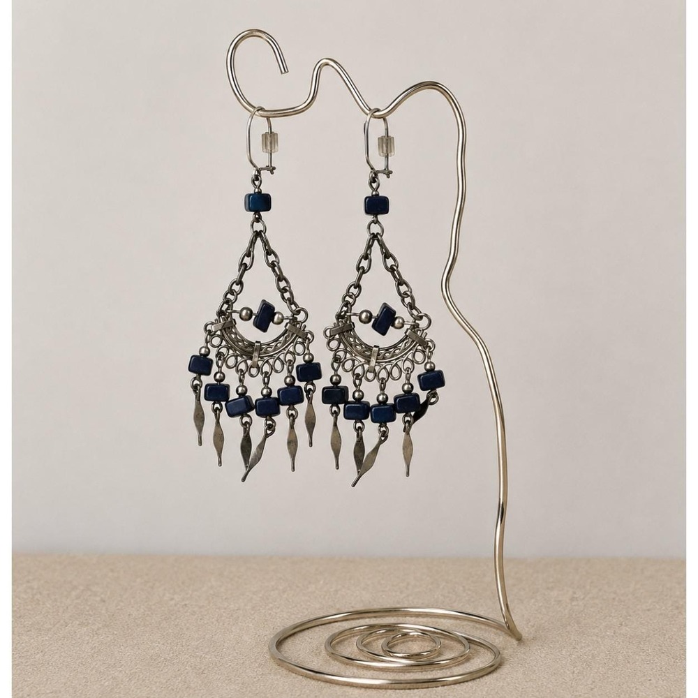 Vintage Silver Tone Chandelier Earrings Blue Stone Chip Dangle Statement